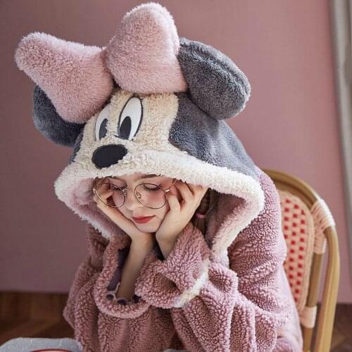 Sleepwear Women Nightgown Womens Pajamas Hooded Plush Coral Fleece Autumn and Winter Home Clothes Cartoon Mouse Thicken Pijamas