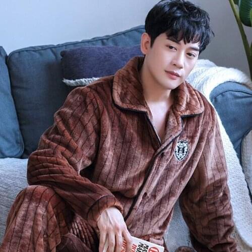 H5912 Pajama Men Thickened Coral Velvet Plush Nightgown Autumn Winter Male Long Sleeve Flannel Warm Nightwear Home Clothes Set