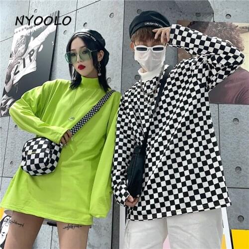 NYOOLO Casual streetwear simple plaid Turtleneck patchwork long sleeve T-shirt women men clothes Autumn loose hip hop tops tee