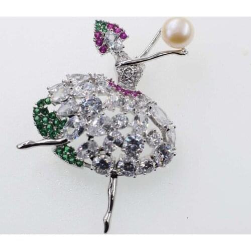 Freshwater pearl white 9-10mm coin and dancer girl brooch FPPJ wholesale beads nature