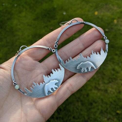 Exaggerated Big Hollow Circle Drop Earrings Gypsy Jewelry Antique Silver Color Forest Bear Pattern Earrings Women New