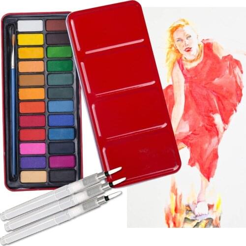 Water Paint Brush Assorted Tips 3 PCS & 24 Colors Watercolour Paints Pan Set