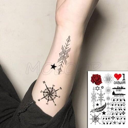 Rose Hexagram Triangle Compass Feather Letter Tattoos Stickers Women Body Waist Arm Art Tattoos Temporary Girls Tatoos Chains
