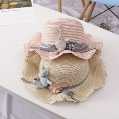 Lovely Pink Rabbit Vintage Flower Girls Summer Sun Hats weave Crochet Baby Beach hats Large Wide Brim Straw Floppy Bucket Cap H6
