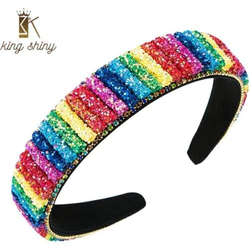 Temperament Korean Rainbow Color Sequins Headband Elegant Shiny Rhinestone Padded Hairband Woman Banquet Hair Accessory Headwear