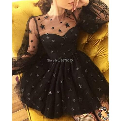Homecoming Dress Sweetheart Short-Length Full Sleeves Above Knee High-Neck Tulle Club Dress Cocktail Dress Коктейльный костюм