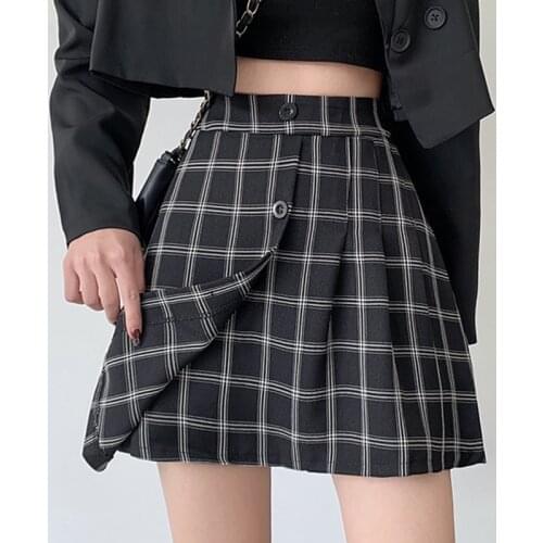 Women Summer Casual Plaid Mini Skirt A-Line Fashion High Waist Button Ladies Harajuku Pleated Skirts Korean Female