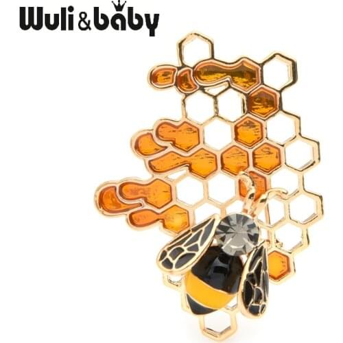 Wuli&baby Enamel Bee Honeycomb Brooches Women Men Alloy Insect Weddings Brooch Pins Gifts