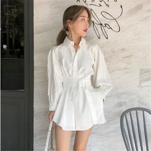 White Two Piece Set Women Korean Office Lady Turn Down Collar Loose Blouse + Wide Leg Pants Suit with Belt Elegant Clothing B073