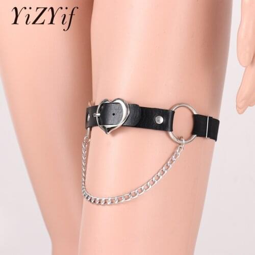 Women Punk Heart Garter PU Leather Garter Belt Harajuku Elasticity Metal Chain Harness Tight Suspender Strap Leg Bondage Belts