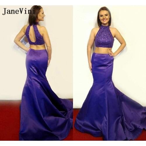 JaneVini Two Pieces Long Mermaid Prom Dresses Beaded Purple Satin Gala Dress High Neck Keyhole Back Homecoming Gowns Gala Jurken