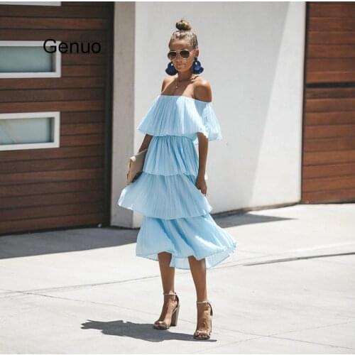 Off Shoulder Cupcake Long Dress Women Vacation Beachwear Slash Neck Midi-length Summer Beach Bohemian Dresses 2020