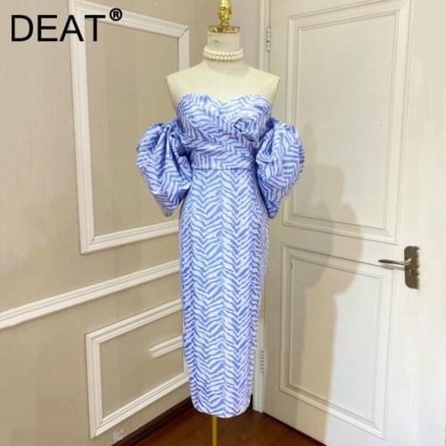 DEAT Woman Midi Dress Blue Zebra Striped Strapless Puff Sleeve Elegant Fashion Dresses Vintage Style 2021 New Autumn 15XM363