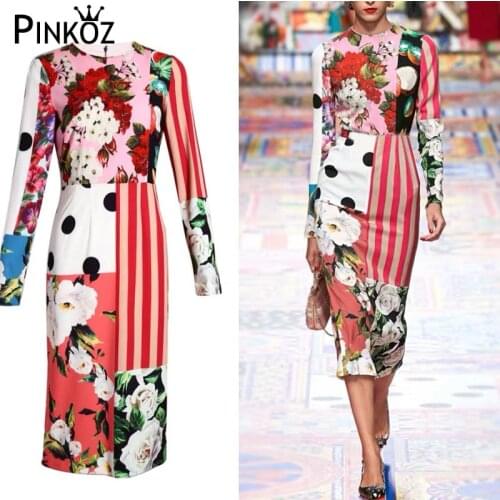 Pinkoz Runway Designer Party Midi Dress Long Sleeve High Waist Floral Print Ladies Bodycon Pencil Dresses Boho Robe 2021 new Y2K