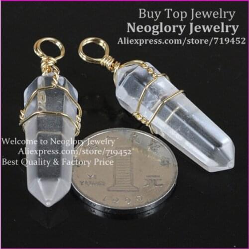 10pcs Natural Hexagon Prism Beads Healing Crystal Quartz Point Gems Pendant Druzy Quartz Pendant metal Wire Wrapped Pendant
