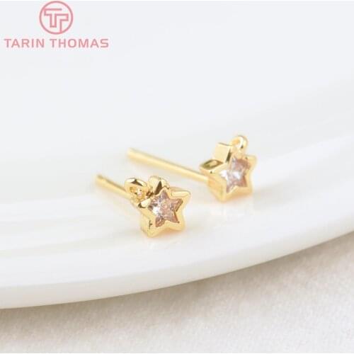 6PCS 5x14MM Hole 1MM 24K Gold Color Brass with Zircon Star Stud Earrings High Quality Diy Jewelry Findings Accessories