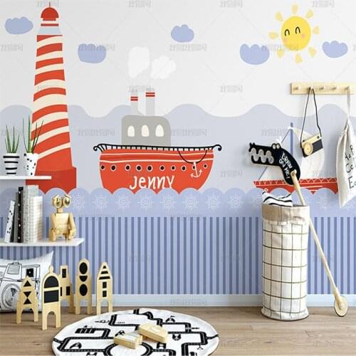3D Nordic hand painted cartoon boat lighthouse wallpaper childrens room bedroom background wall early education mural boy girl
