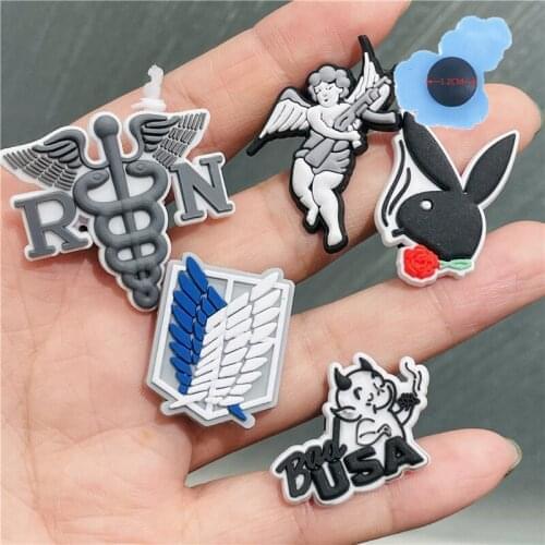 50pcs Wholesale PVC Devil Angel Rabbit Shoes Accessories Popular Garden Shoe Decorations Fit Children Croc Jibz Charm