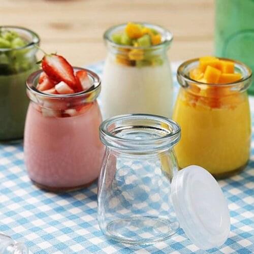 8 Pieces Mini Yogurt Jars Glass Pudding Cups with PE Lids Containers Pot Ideal for Milk Jellies Honey Spices Mousse 100ml(3.4oz)