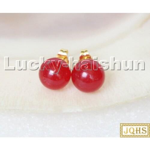 AAA natural Studs 10mm round Red Jade beads Earrings 14K gold post c290