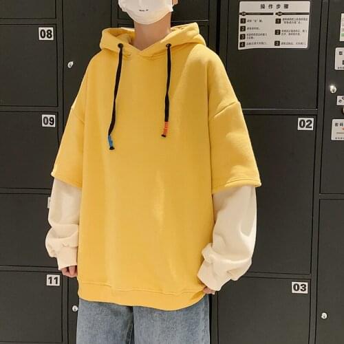 Autumn Winter New Hooded Hoodies Men Fake Two Sleeve Design Solid Hip Hop Black White Khaki Yellow Pullovers Sweatshirts 3XL