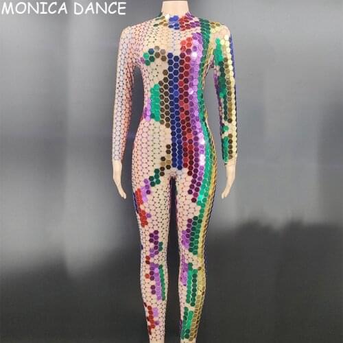 Sexy Stage Multi-color Mirror Rhinestone Transparent Jumpsuit Birthday Celebrate Prom Party Outfit Women Dancer Show Outfit