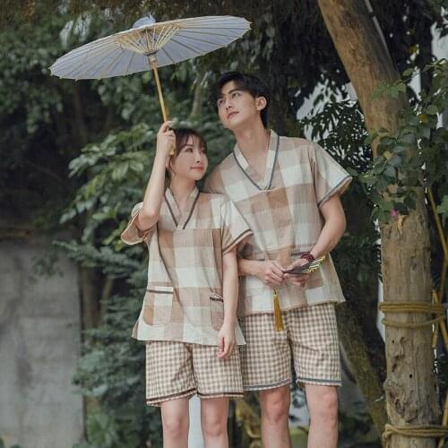 Cotton Leisure Clothing Set Kimono Yukata Cotton Steaming Wear Pajamas Man Woman Bathrobe Nightgown 2PCS Japanese Lover Plaid