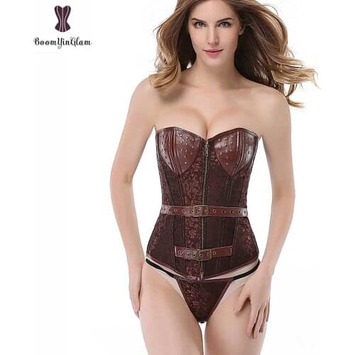 Floal Steampunk Corset Overbust Leather Cup Gothic Korset Punk Plus Size Brown Gorset Top Fish Boned Waist Slimming Bustier Sexy