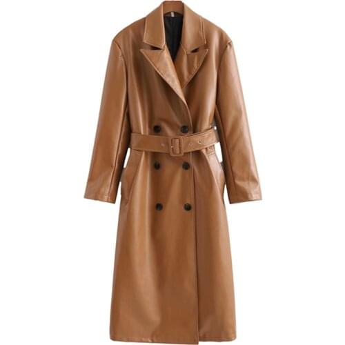 Nice Vintage Woman Brown Loose Sashes Long Leather Coats Autumn Winter Vogue Ladies Warm PU Jackets Female Elegant Outerwear