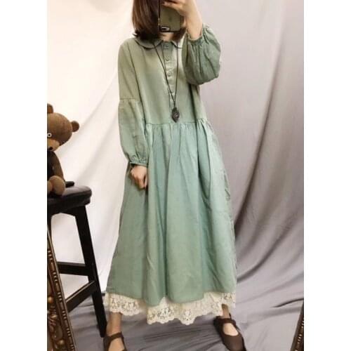 Lace patchwork romantic lacing stitch dress peter pan collar vintage cotton lantern sleeve dress 2020 spring