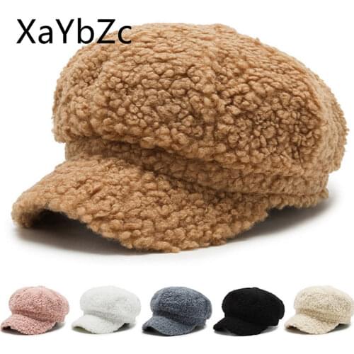 Womens Lamb Wool Baseball Cap Autumn and Winter Fashion All-match Cap Hat Painter Cap Octagonal Cap