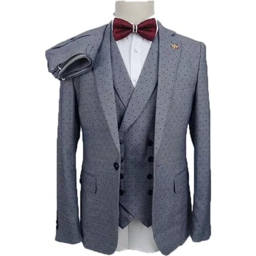 2021 New Fashionable 3 Pieces Groom Tuxedos Groomsmen Grey Polka Dot Notch Lapel Best Man Suit For Wedding Mens Blazer Suits