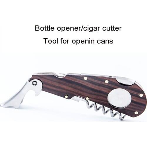 New 4 in 1 Cigar Cutter Wine Opener Wooden stainless steel Multifunctional Cigar knife Tool With Cigar Pouch free ship