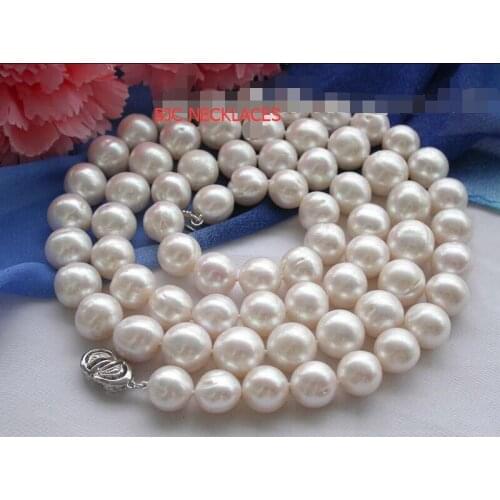 FREE SHIPPING 9-10mm white round Freshwater pearl necklace 32inch 925silver