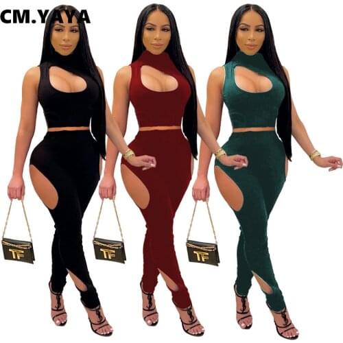 CM.YAYA Sexy Beach Cut Out Hole Knit Women Two 2Piece Set Outfit Active Tracksuit Crop Tops and Legging Matching Set Sweatsuit