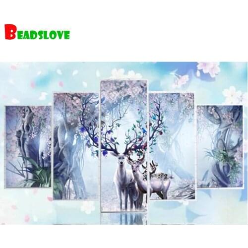 Full Square round fantasy elk Deer family tree Diamond Painting 5 piece diy bag diamond Embroidery Mosaic set Home Decor