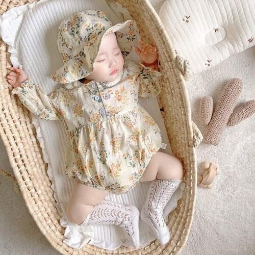Newborns Baby Vintage Rompers Spring Autumn Toddler Flower Clothes Infant Bebes Casual Bodysuits Long Sleeve Outfits With Hats