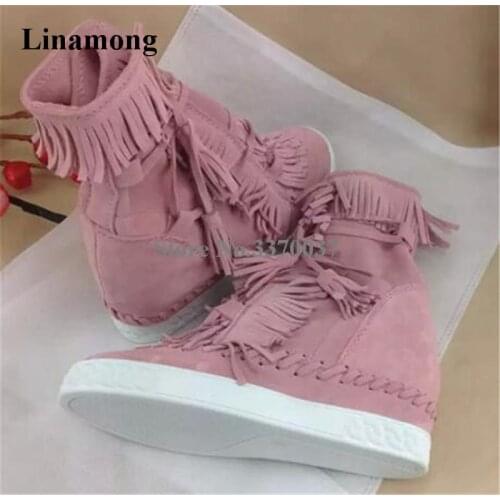 High Quality Women Fashion Round Toe Suede Leather Fringed Platform Wedge Short Boots Tassels Height Increasing Wedge Ankle Boot