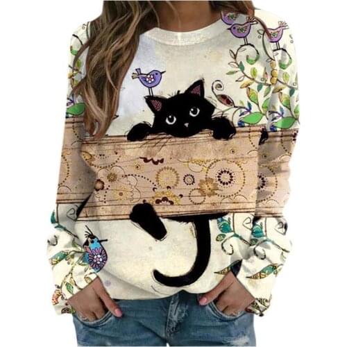 2021 Winter Cats Spring Autumn Women Plus Sizes Large Big Loose Sexy Printed Vintage T Shirts Tops Full Long Sleeve