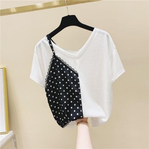 Womens Polka Dot Lace Halter Stitch V-neck T-shirt Female 2020 Summer T Shirt Girls Ladies Tops T Shirts Tees