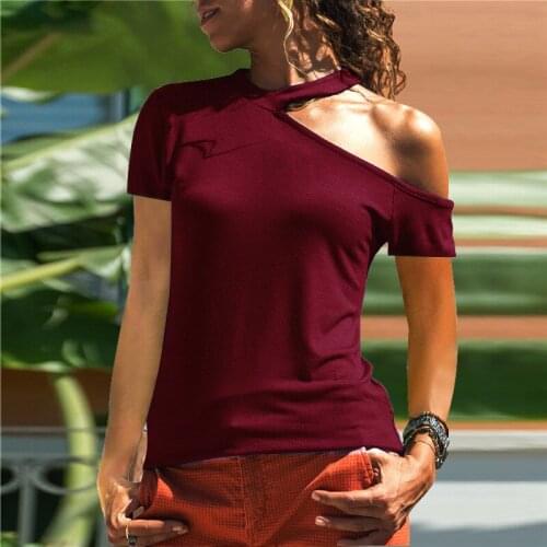Skew Collar Off Shoulder Short Sleeve O-neck Ladies Summer T-shirt Casual Solid Colour Green Blue Elegant Fashion Women T-shirts