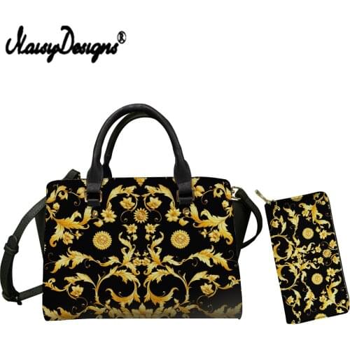 NOISYDESIGNS Black Gloden Eurpean Vintage Flower Pattern Handbag Ladies Handbags 2pcs/Set PU Leather Wallets And Crossbody Bag