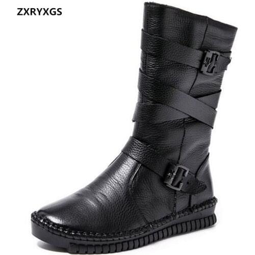 2020 New Winter Top Soft Cowhide Side Zipper Handmade Leather Boots Large Size Flat Warm Shoes Mid-tube Martin Boots Women Boots
