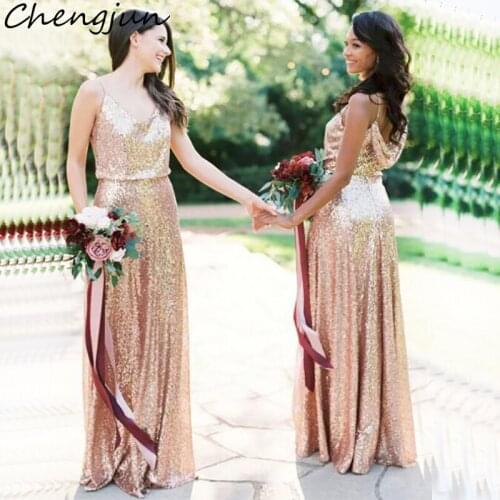 Chengjun Floor Length A Line Sequin Simple Women Long Rose Gold Bridesmaid Dresses