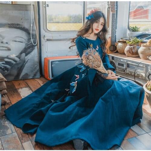 Women Wool Blue Dress Fashion Fall Winter Lotus Sleeve Lace Embroidery Vintage court trumpet sleeve Butterfly Sweet Women Dress