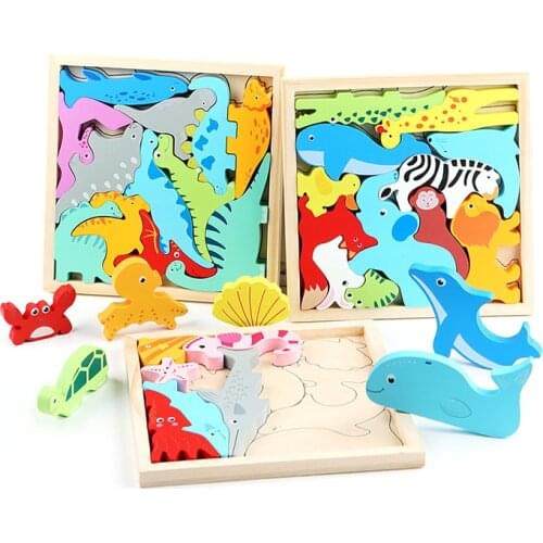 3D Wooden Dinosaur Animal Fruit Cartoon Puzzle Montessori Education Cognitive Matching Game Childrens Educational Fun Toy Gift