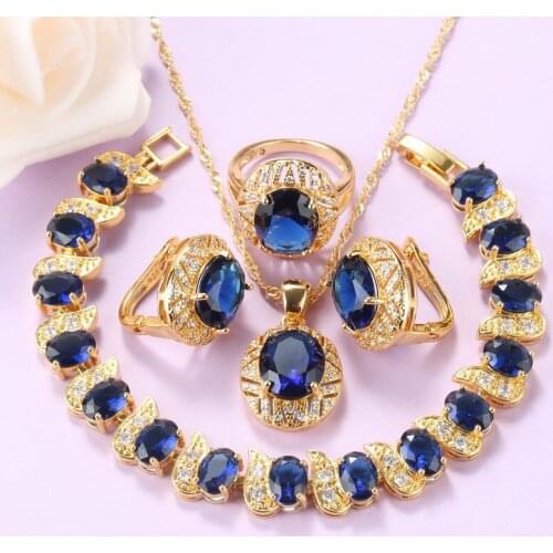 AAA+ Quality Blue Zircon Gold Color African Jewelry Set For Women Trendy Costume Clip Earrings Necklace Charm Bracelet And Ring