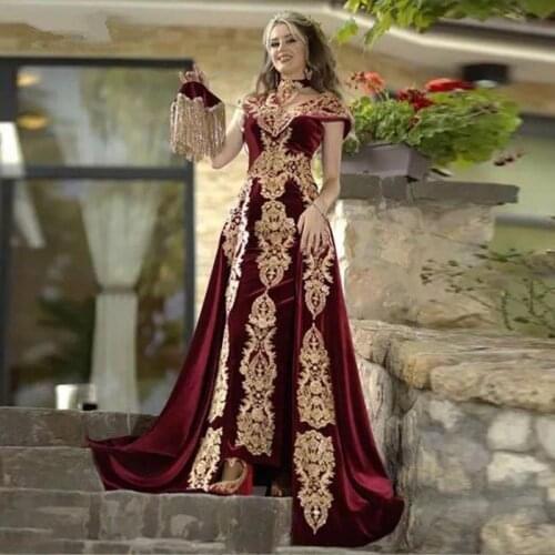 Burgundy Moroccan Caftan Evening Dress Gold Appliques Lace Off Shoulder Royal Blue Velvet Arabic Mermaid Prom Gowns Robe