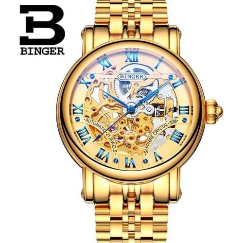 BINGER Luxury Automatic Watches Fashion Business Skeleton Watch Men Mechanical Wristwatch Stainless Steel relogio masculino