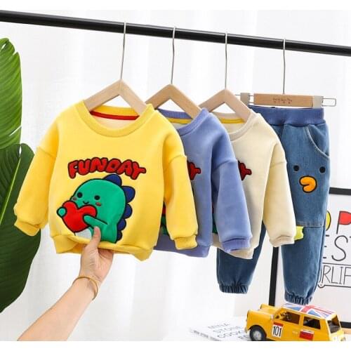 Children Sports Suit 2020 New Autumn Winter Baby Boys Girls Clothes Cute dinosaur Printing Plus Velvet Keep Warm Sweater+Pants